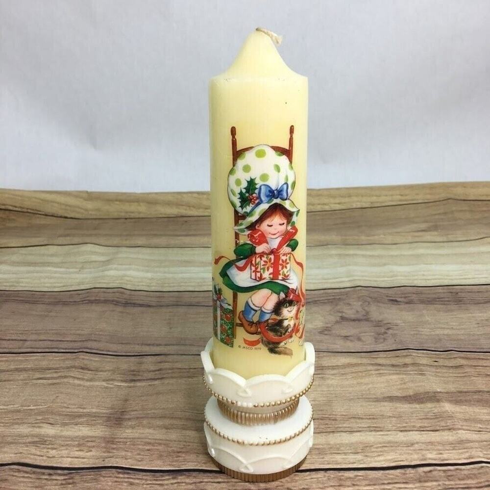Vintage Holly Hobbie Christmas Candle Jasco Pedestal Cat 1979 Holiday Decoration